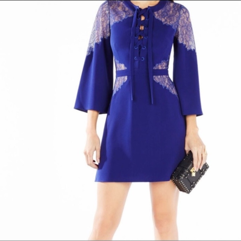 BCBGMAXAZRIA Ulyana lace block dress deep royal blue with lace mesh inserts.